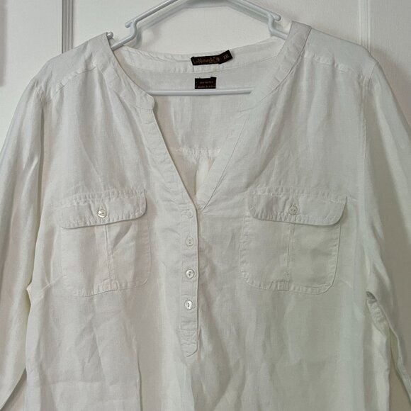 La Naturelle 100% linen blouse size XXL white 3/4 roll tab sleeve minimalist - Picture 3 of 10